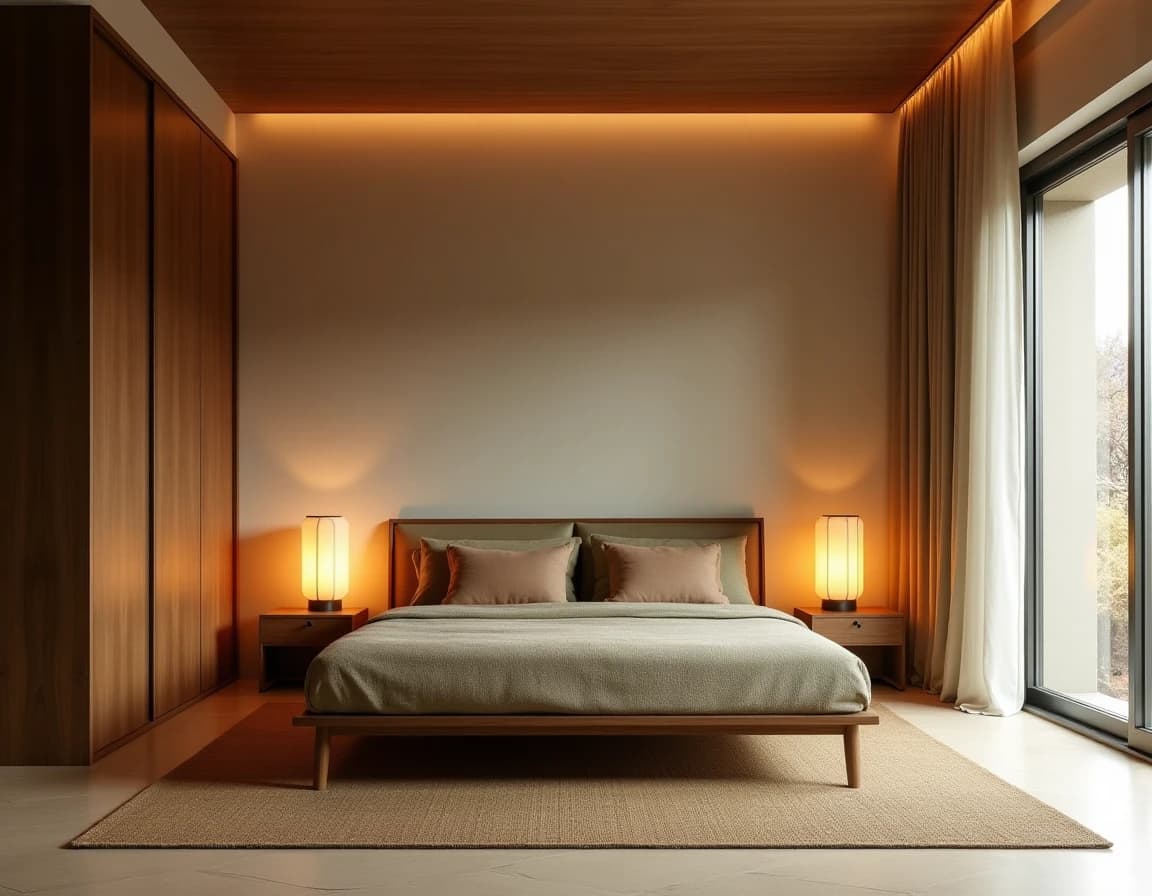 Japandi soverom med travertinfliser, olivengrønne gardiner og terrakottakeramikk på teakvegg.