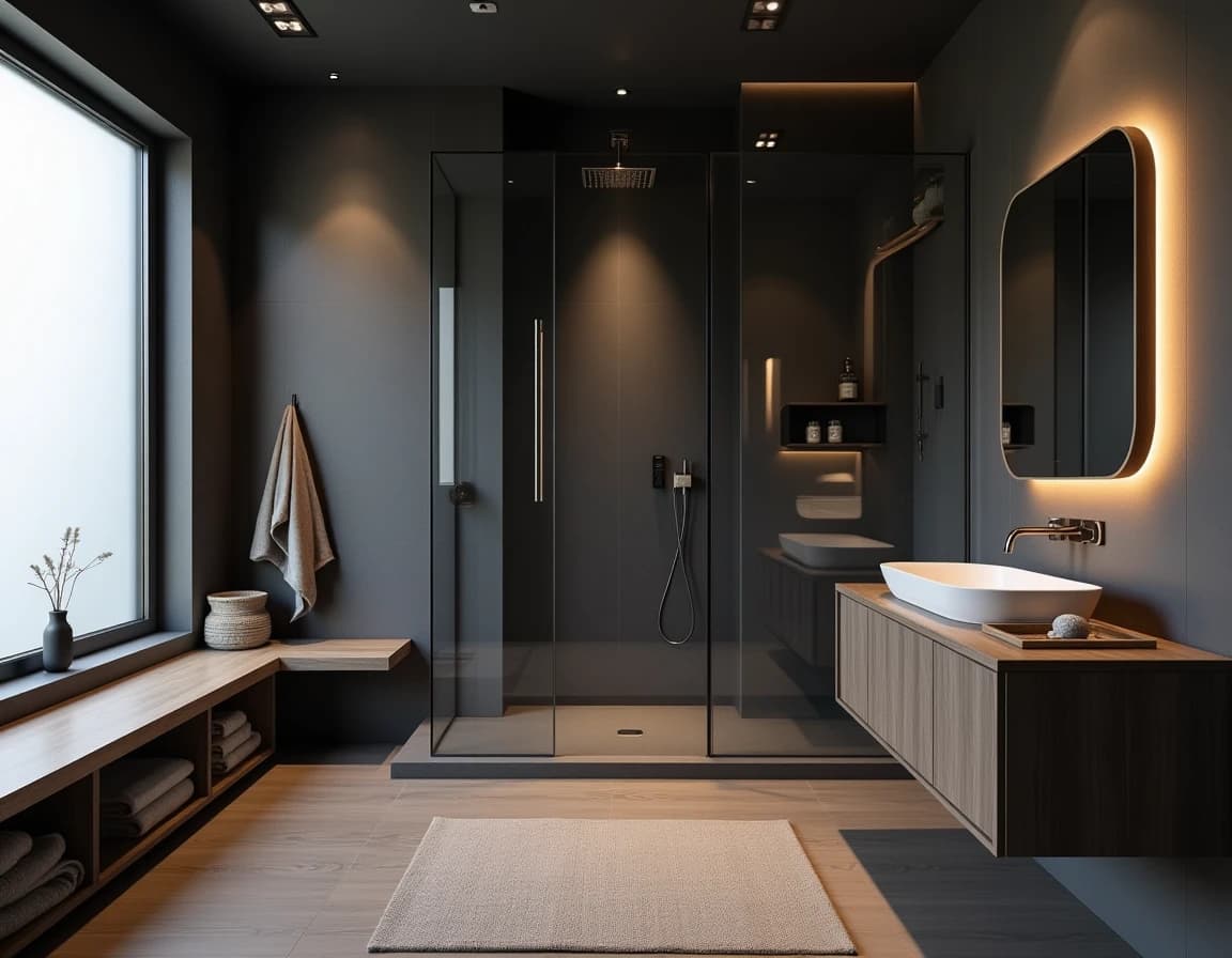 Japandi bad med sort vegg, hvitt frittstående badekar og messingkran.