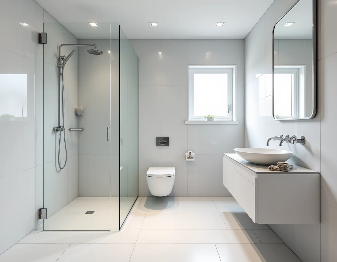 Moderne bad med hvit marmor, stålarmatur og integrert grått kabinett.