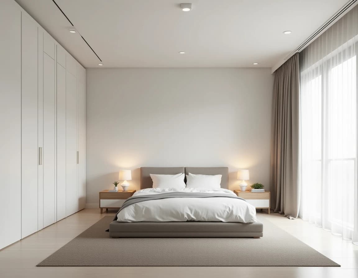 Minimalistisk soverom med hvitmalt vegg, off-white linsengegavl og uglasert keramikk.