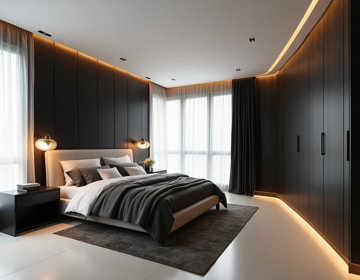 Moderne soverom med sort veggpanel, hvit sengetøy og messinglamper.