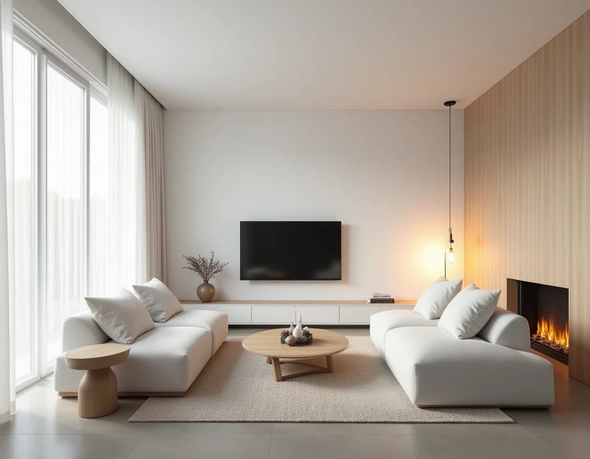 Skandinavisk stue med hvite vegger, lyst eikgolv og kremfarget linsofa.