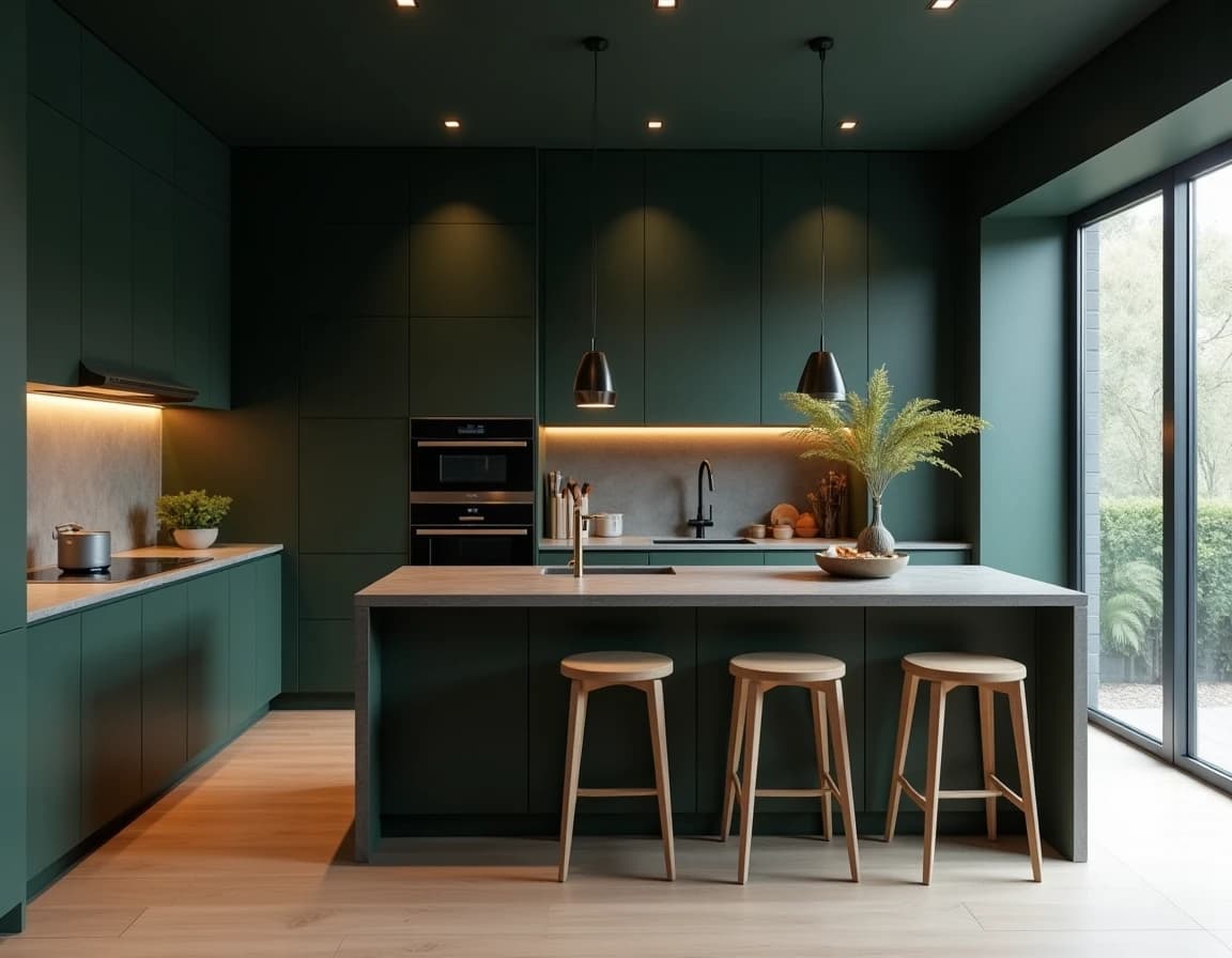 Minimalistisk kjøkken med mørkegrønne fronter, sort arbeidsbenk og messingkran.