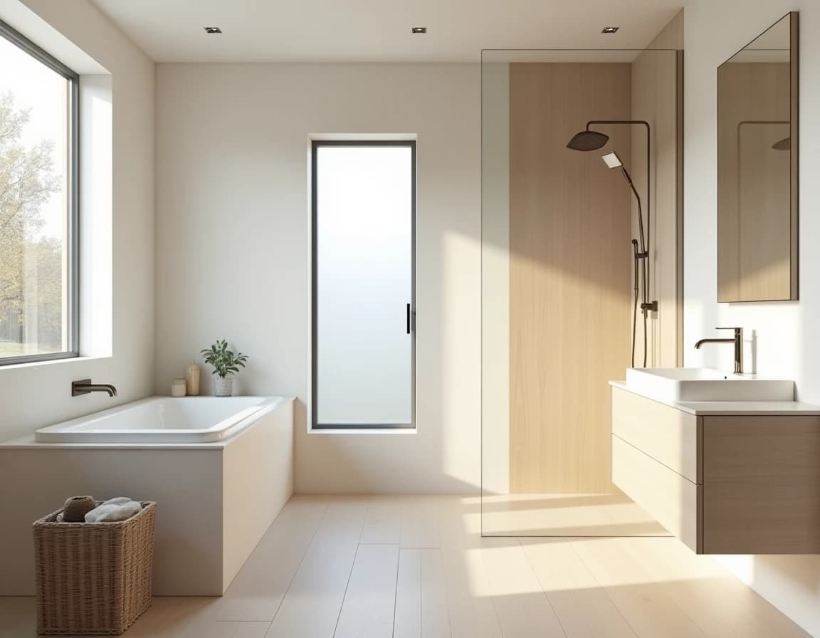 Skandinavisk bad med lys eik, kremfargede veggfliser og gylne messingdetaljerer.