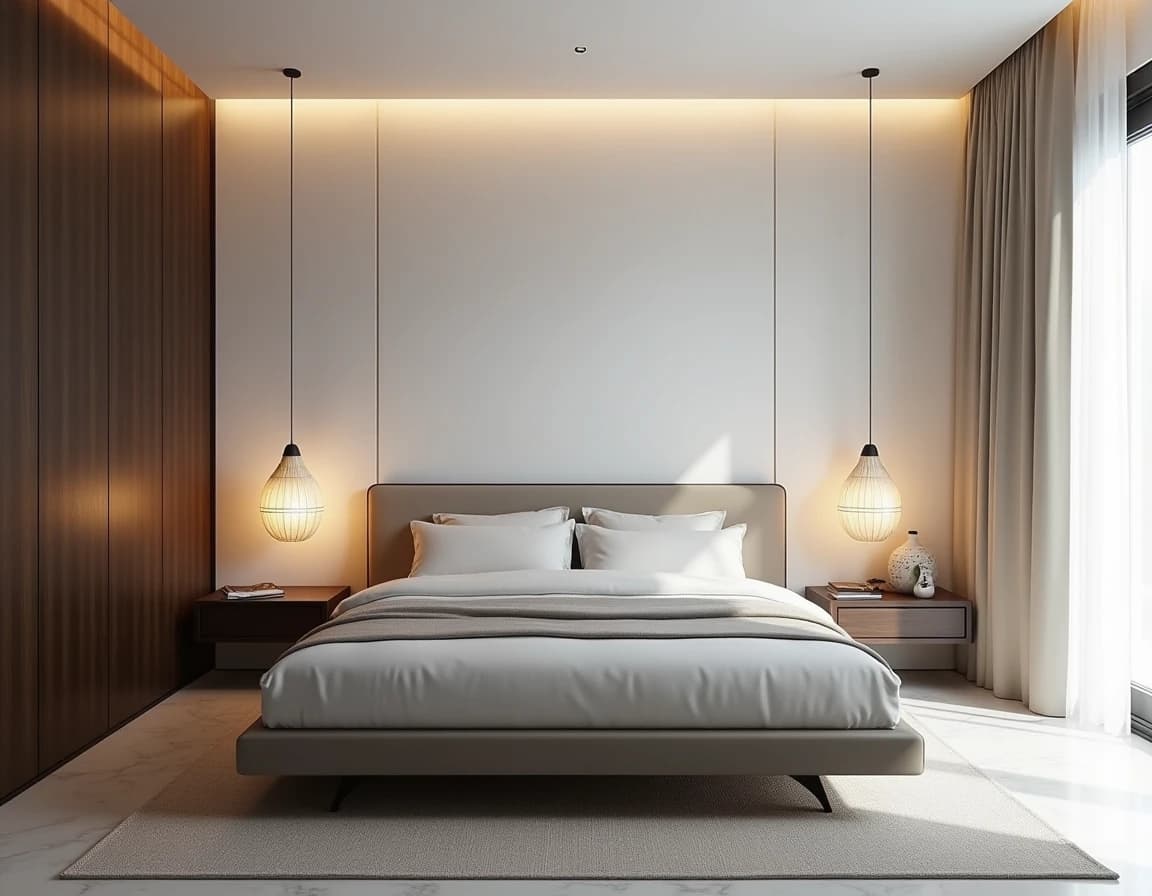 Japandi soverom med marmorgulv, ståldetaljer og myke gråtoner i kjølig lys.