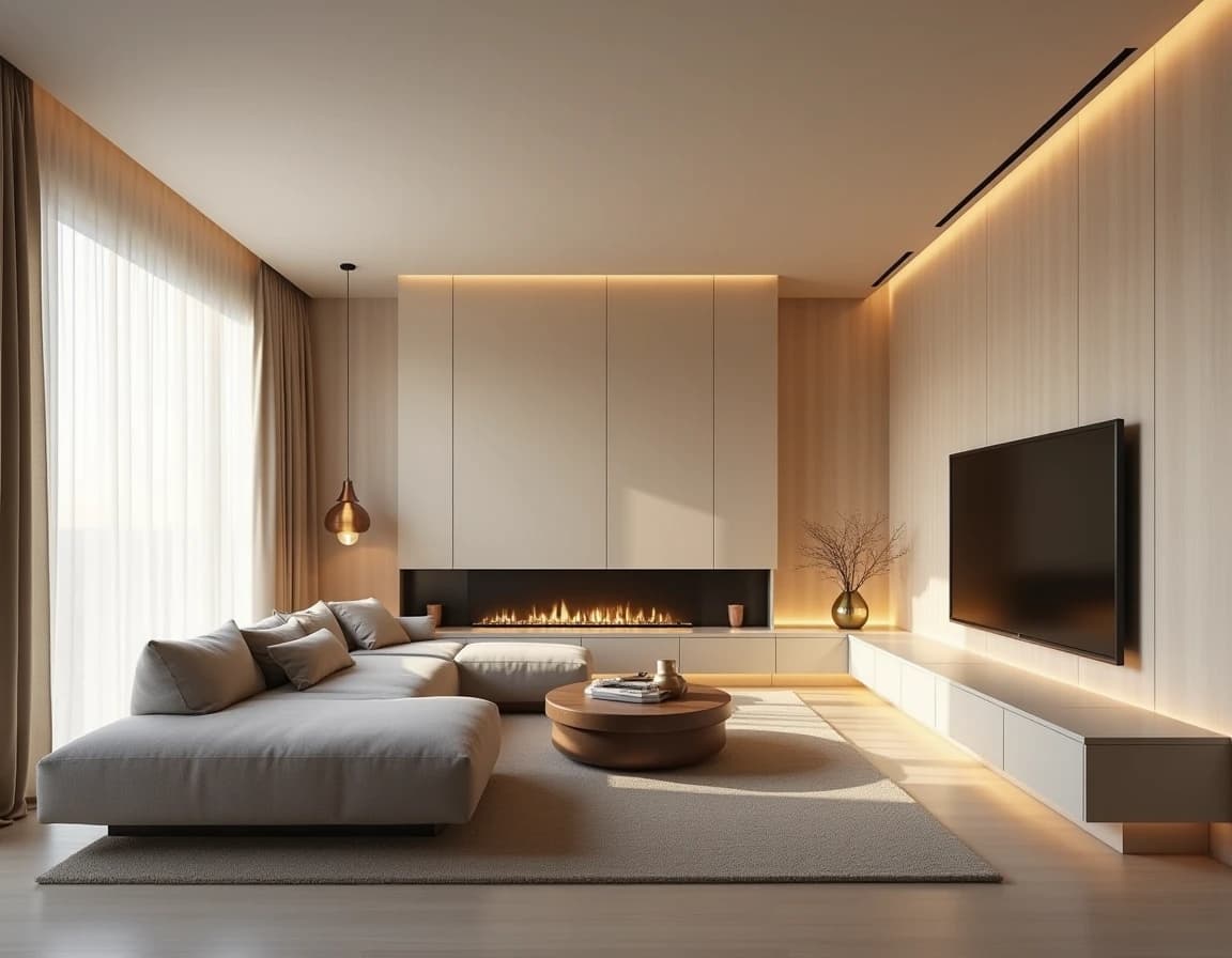 Minimalistisk stue med lys eik-sofa, kremfargede vegger og gylden messinglampe.