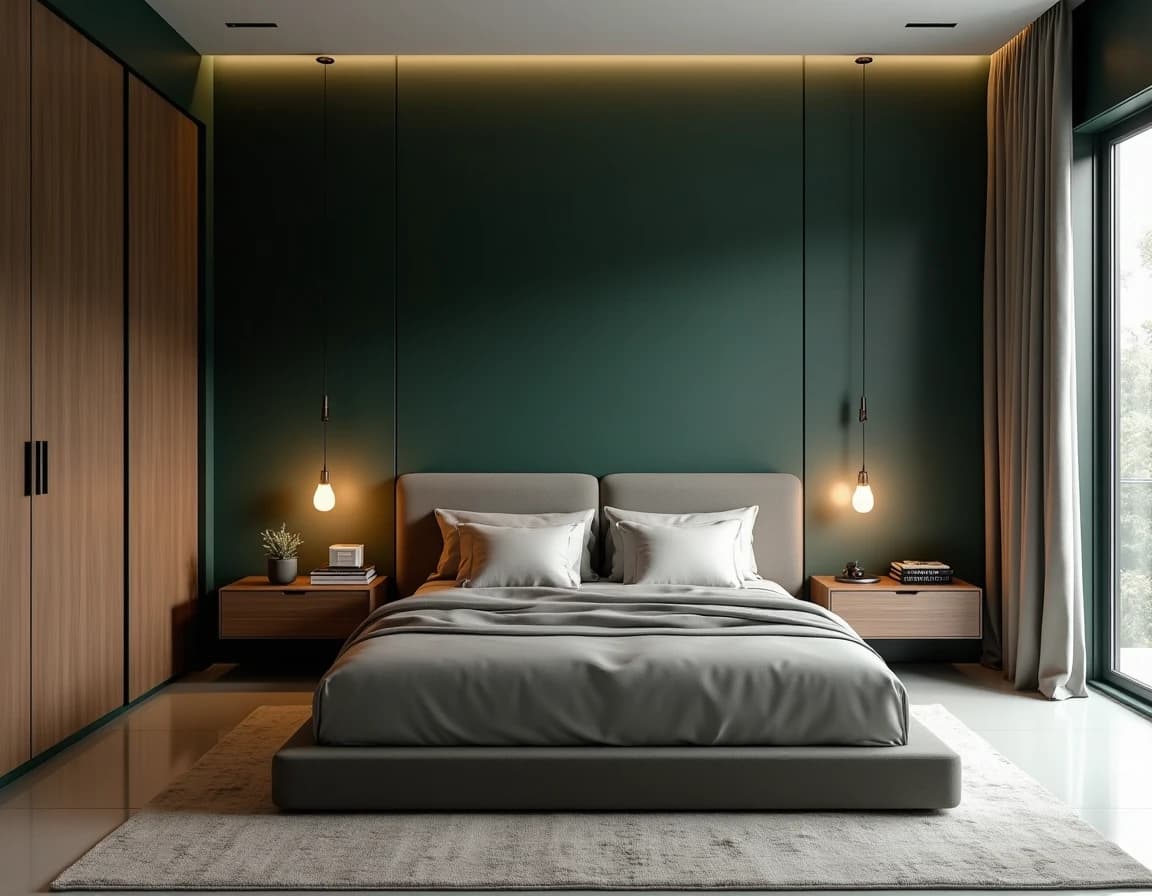 Moderne soverom med mørk grønnmalt vegg, sort sengestamme og messingvegglamper.