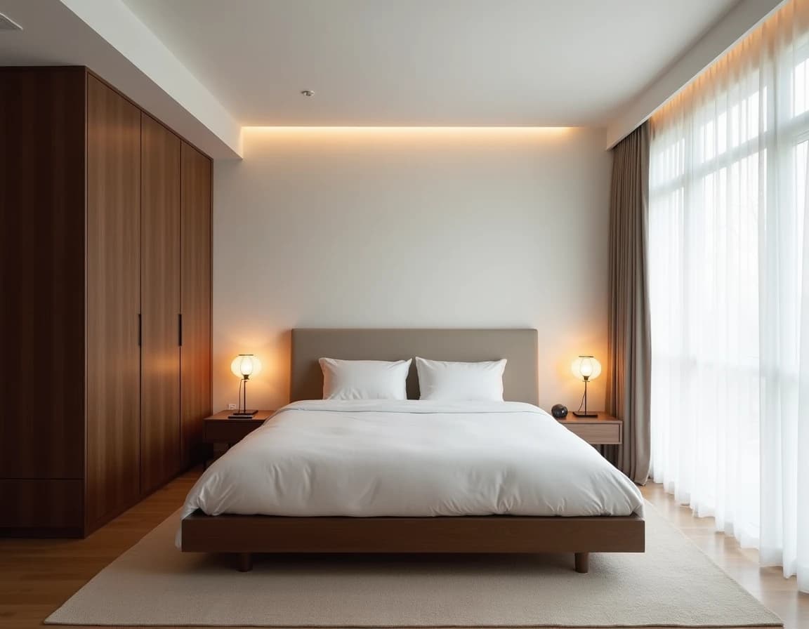 Japandi soverom i nær-hvit med uglasert keramikkvase og lingardin.