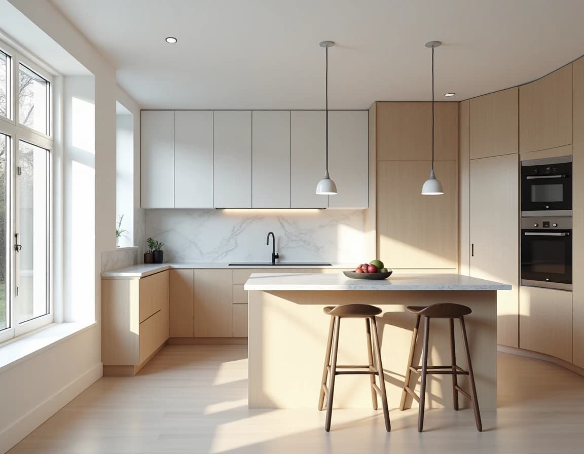 Skandinavisk kjøkken med hvit marmorbenk, grå fliser, stålunderstell og matte hvite fronter.