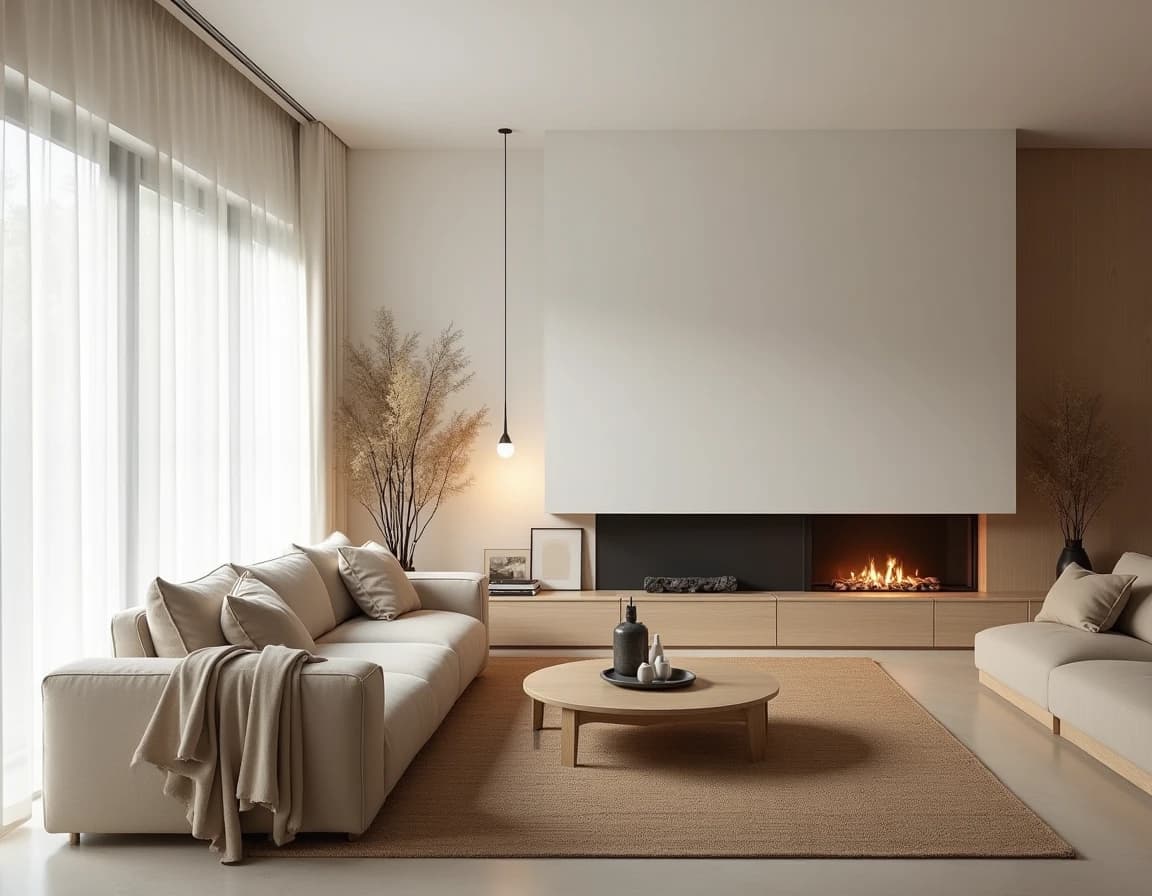 Skandinavisk stue med rå eik, kremfargede lintekstiler og pottemjølk ved vindu.