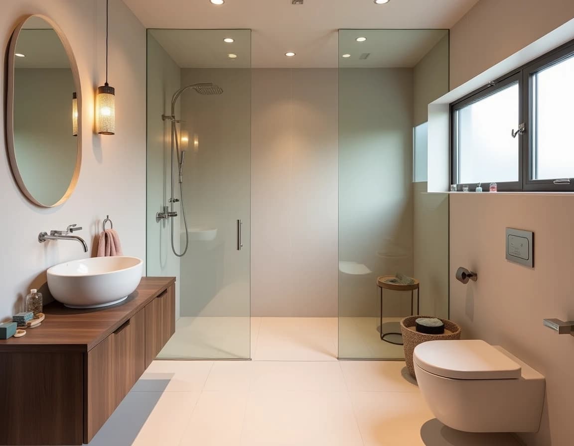 Japandi bad med salviefarget vegg, krem, rosa og naturlig tre med dempet lys.