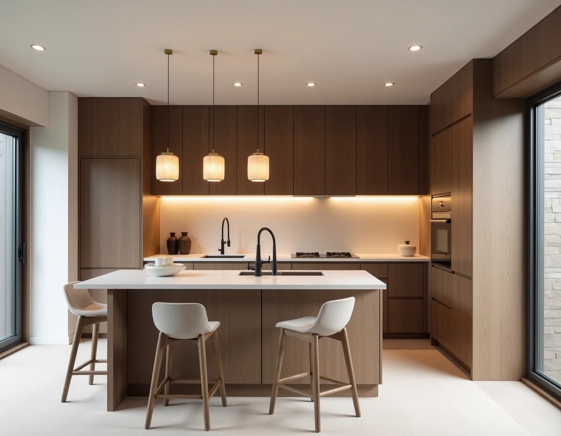 Japandi kjøkken med hvite fronter, rå eik brett og minimalistisk keramikkdetalj.