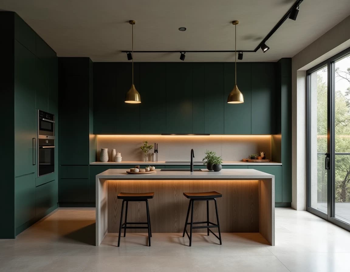 Moderne kjøkken med mørk grønn vegg, sort arbeidsbenk og messingpendler.