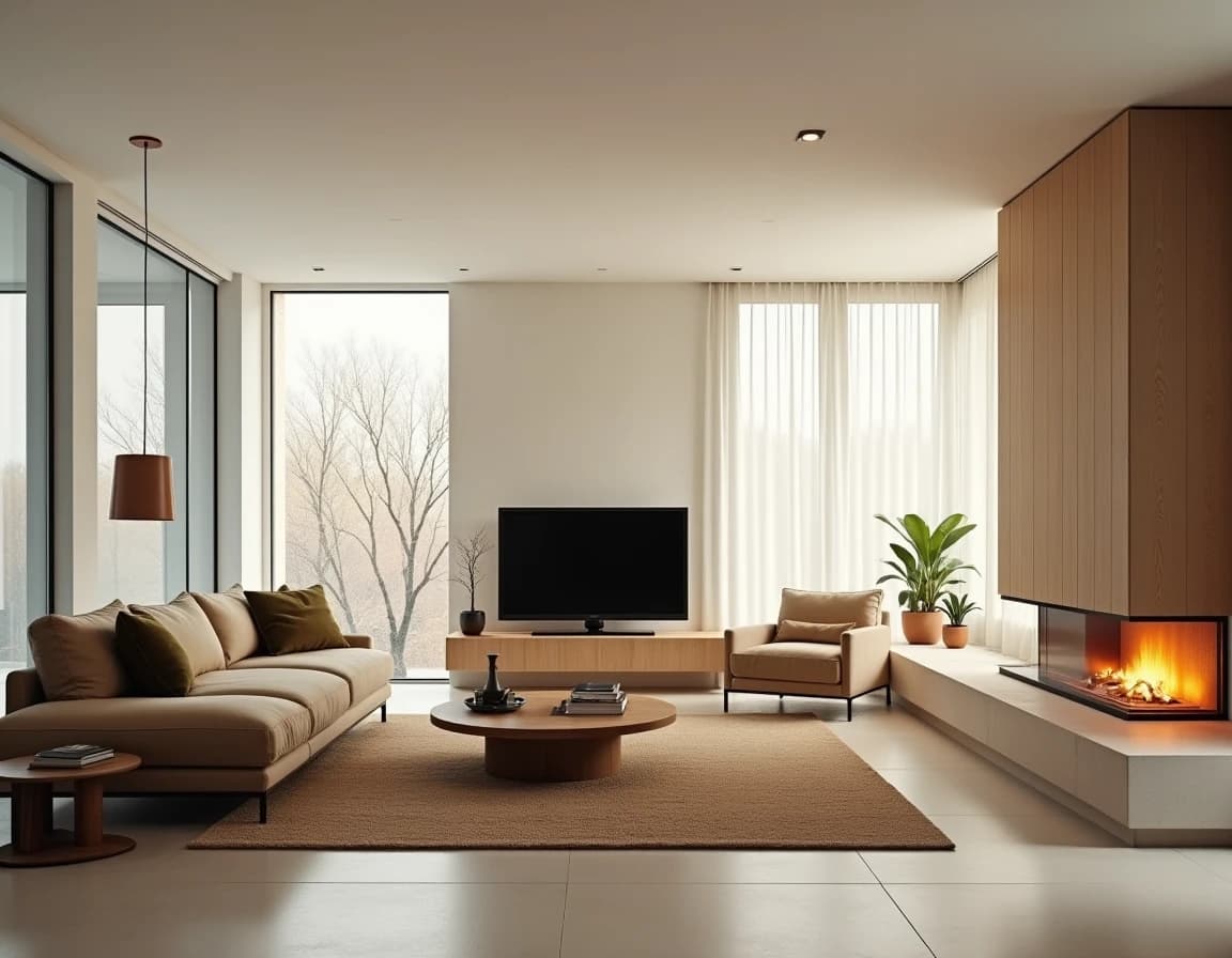 Skandinavisk stue med terrakotta-vegg, lyst tre og travertinfliser i jordtoner.