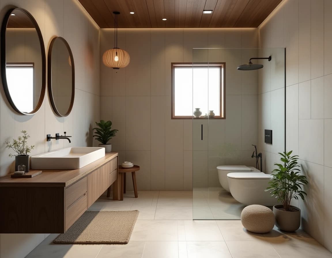 Japandi bad med rå eik-panel, uglaserte keramikkfliser og lin i organisk design.