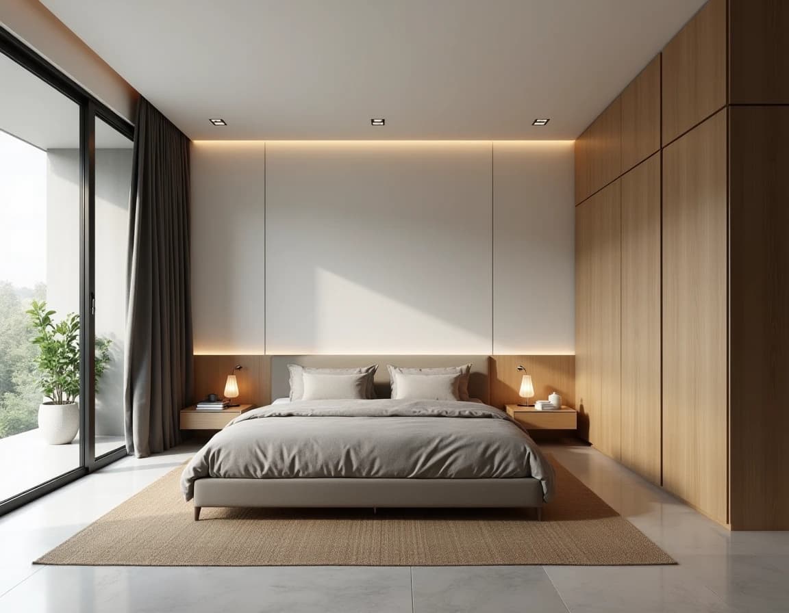 Minimalistisk soverom med rå eik, linesovertrekk og enkelt keramikkdetalj.