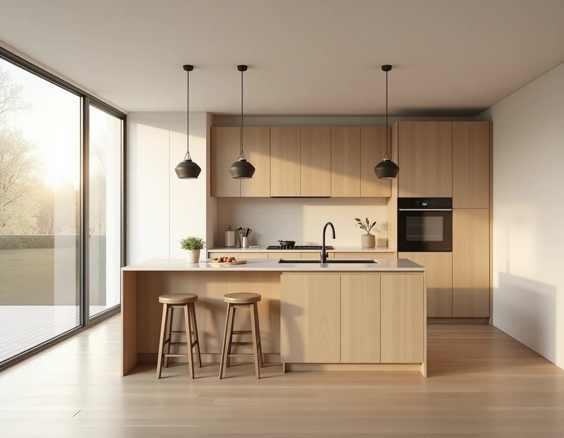 Skandinavisk kjøkken med lys eik, kremfargede fronter, hvite fliser og messingdetaljer.