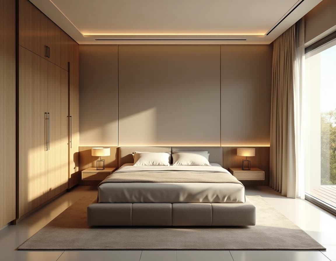 Moderne soverom med lys eik sengepanel, kremfargede linbetraktninger og gylne messinghyller.