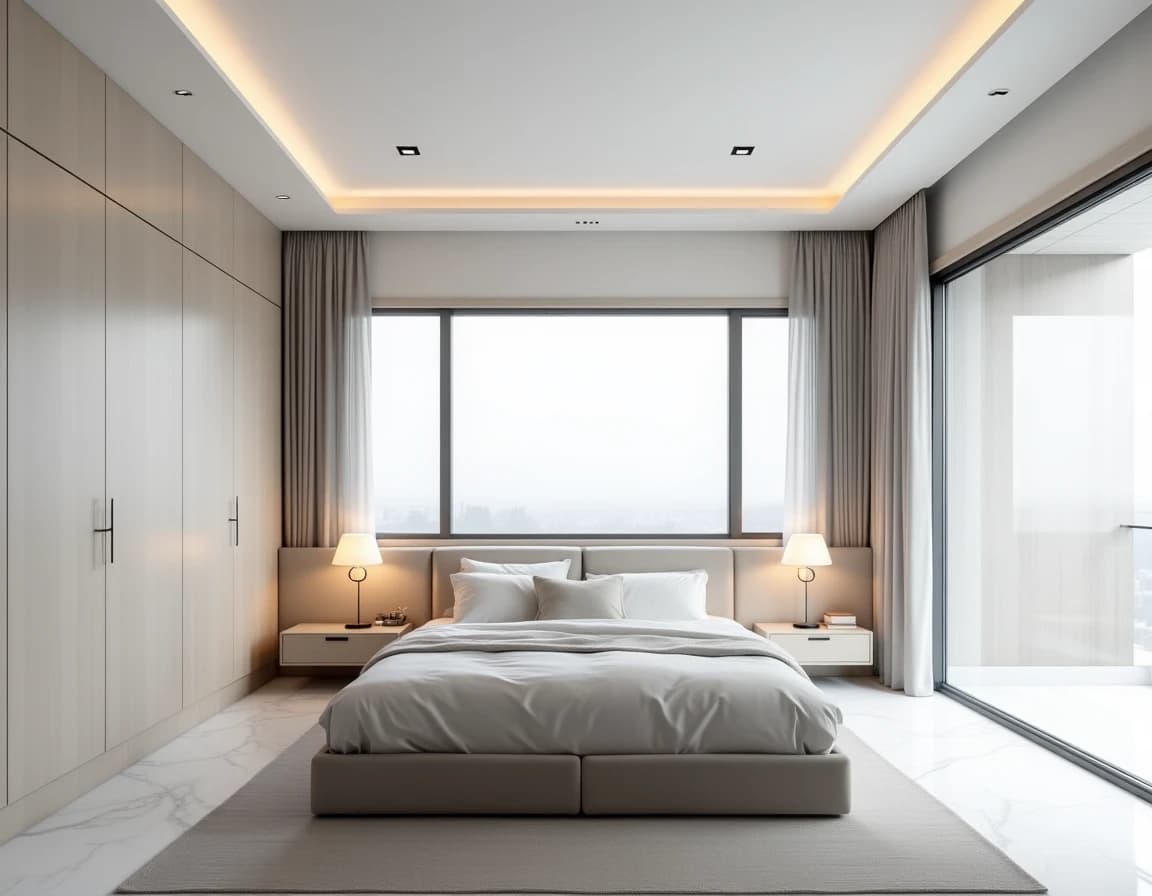 Minimalistisk soverom med grått tekstil, hvit marmorgulv og stålnattbord.