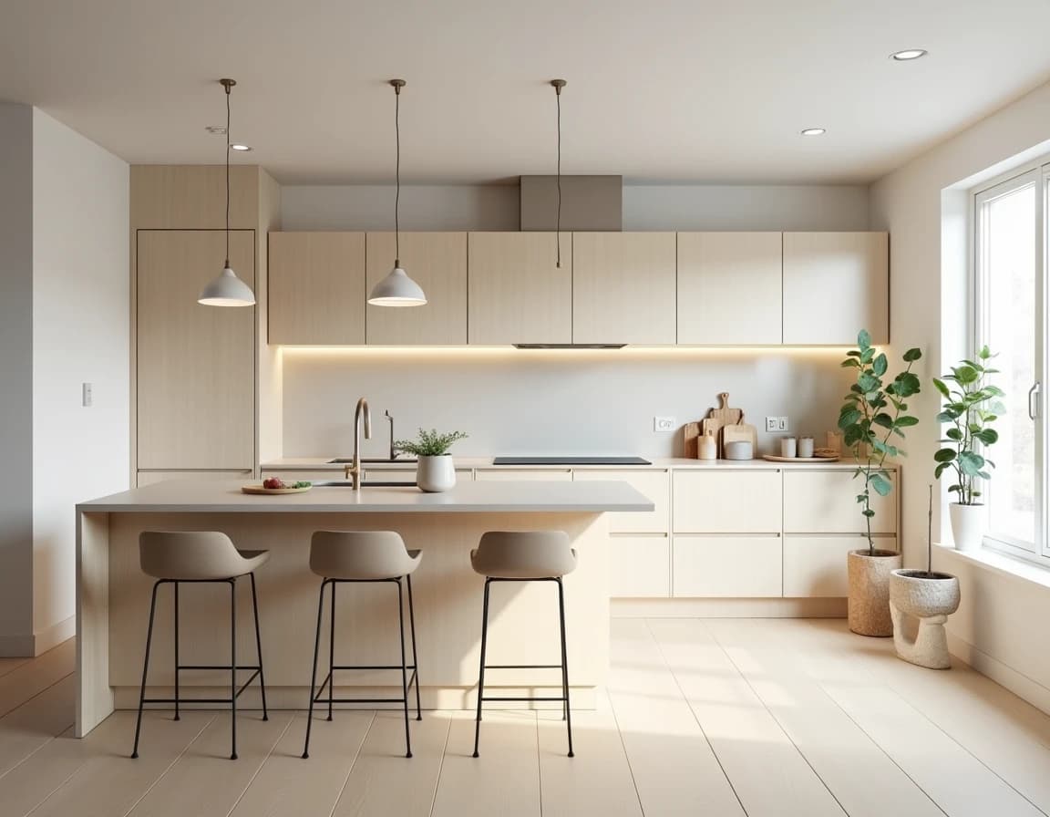 Skandinavisk kjøkken med hvite fronter, lyst tre og minimalistisk design.