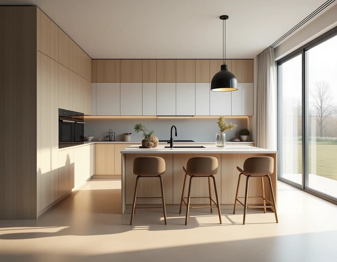 Skandinavisk kjøkken med hvite fronter, sort granittbenk og messinghåndtak.