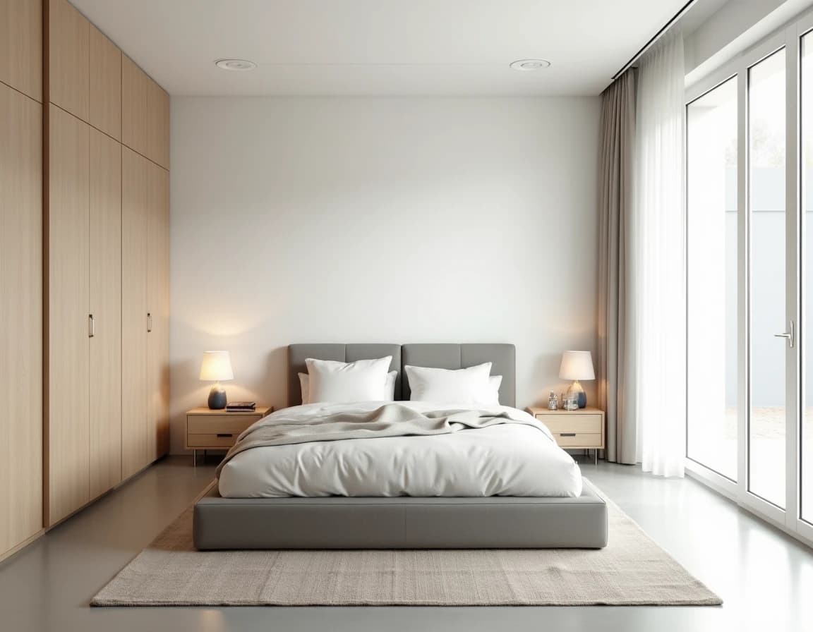 Skandinavisk soverom med broken white vegger, lintekstiler og lyst bjørketre.