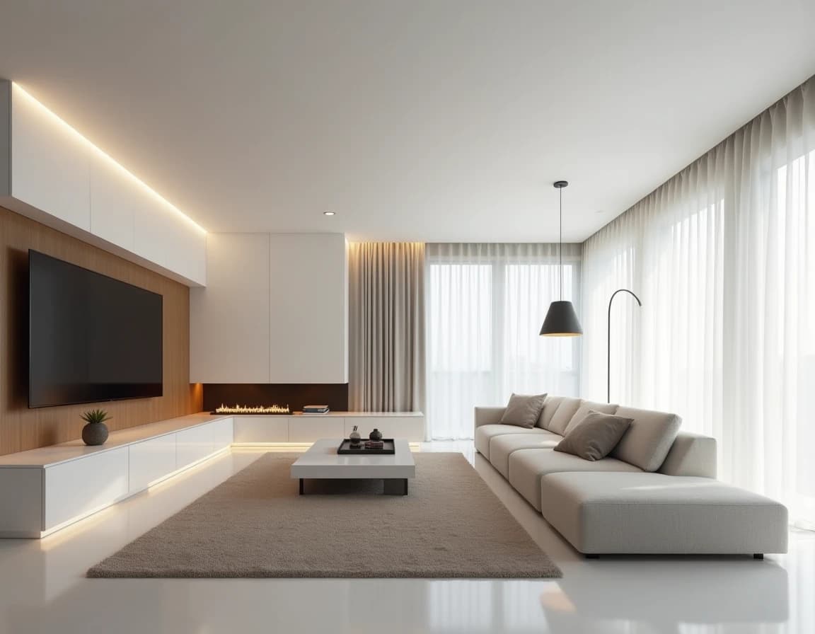 Minimalistisk stue i nær-hvit, med mørkgrå kunstobjekt og lyst trebord.