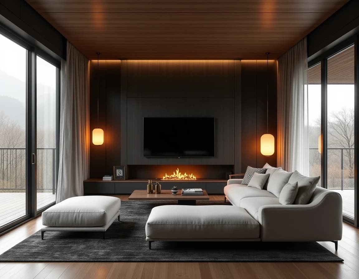 Japandi stue med sort veggelement, hvit vegg, teaksofa og messinglampe.