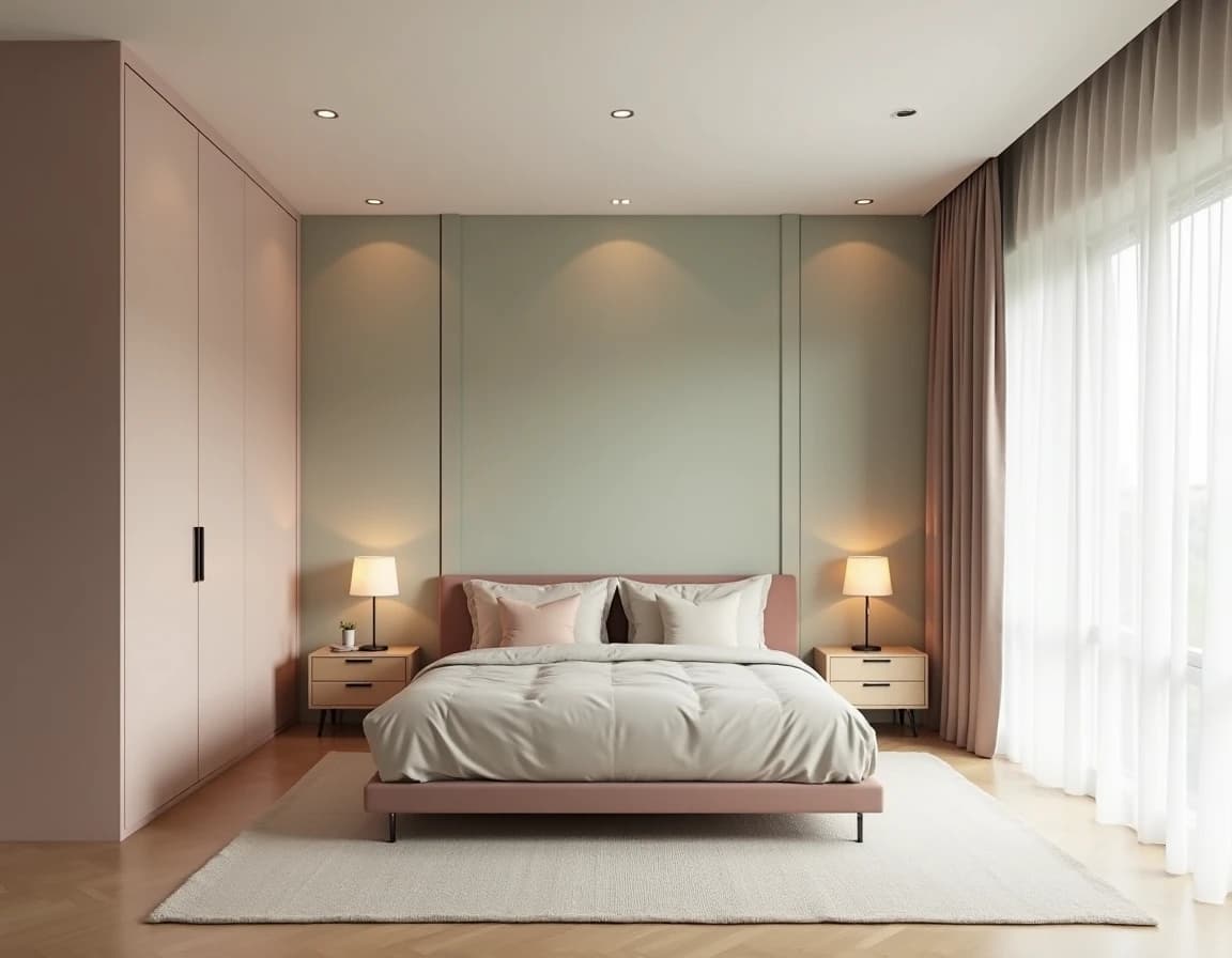 Minimalistisk soverom med rosa og salvievegg, kremfargede linlaken og grått nattbord.