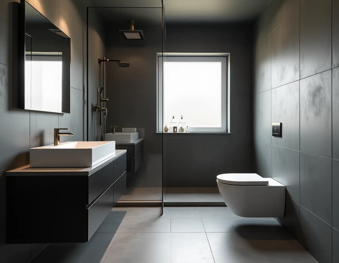 Minimalistisk bad med sort vegg, hvitt fritstående badekar og messingkran.