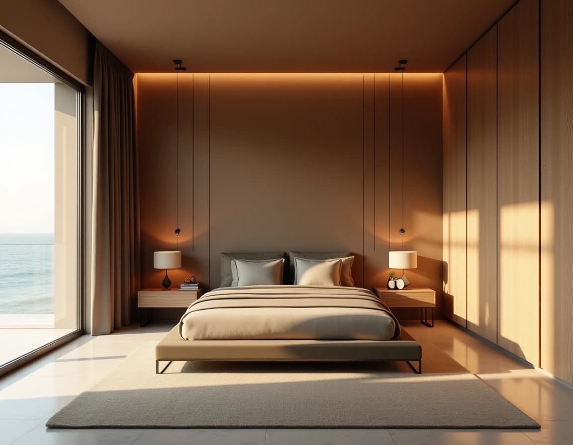 Minimalistisk soverom med travertinfliser, terrakotta-tonet lin og olivengrønn keramikk.