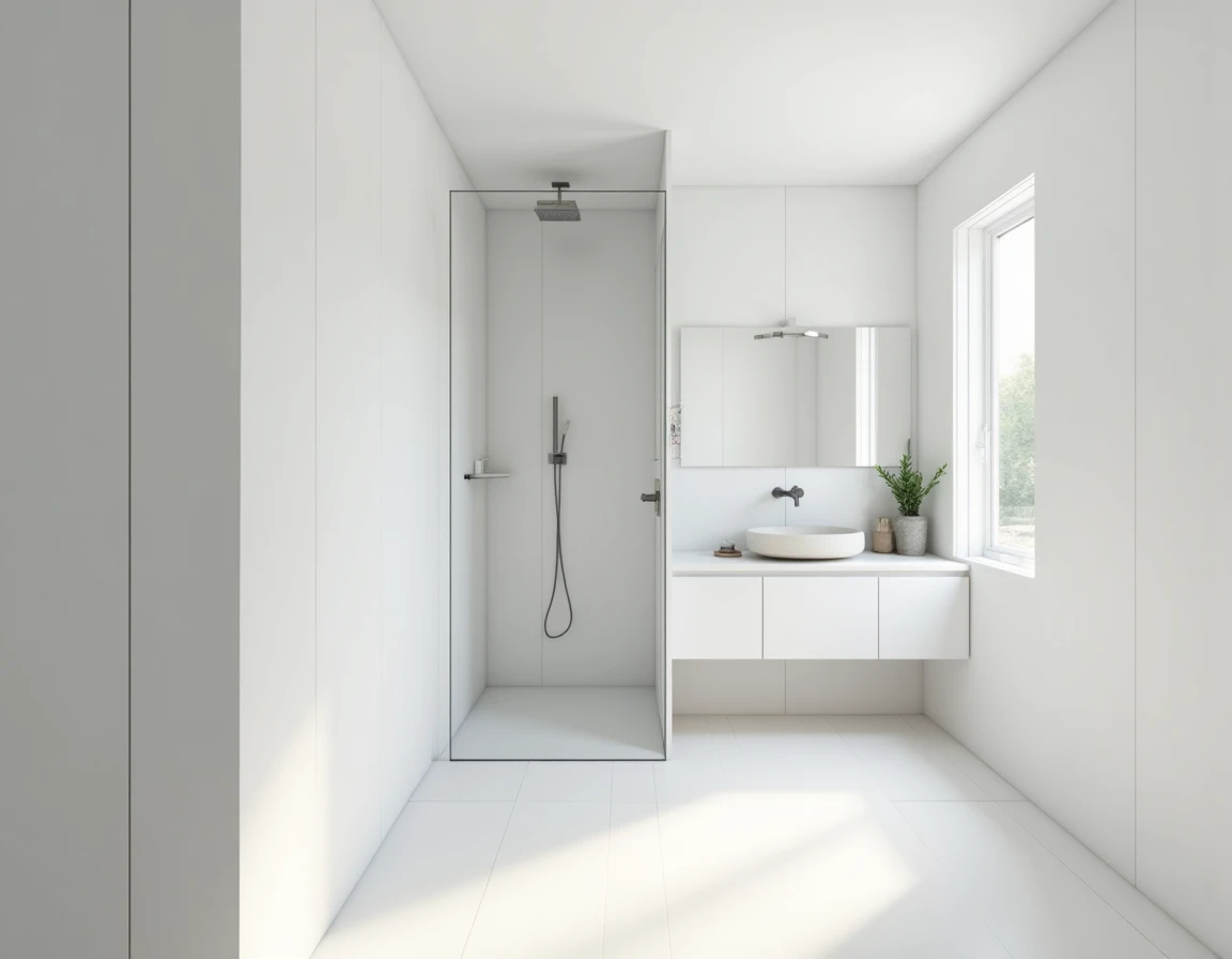 Minimalistisk bad i nær-hvit med integrert vaskeskap og uglasert keramikk.