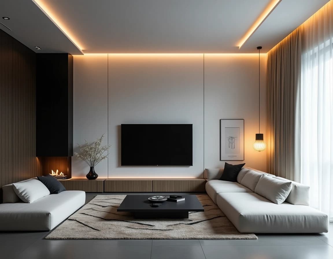 Minimalistisk stue med sort vegg, hvit sofa og messinglampe.