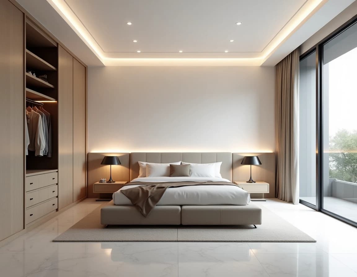 Moderne soverom i nær-hvit, hvitlakert eik-platform og messing-vegglampe.