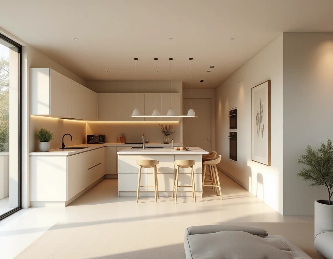 Minimalistisk kjøkken med lys eik-fronter, kremfargete arbeidsflater og messinggrep.