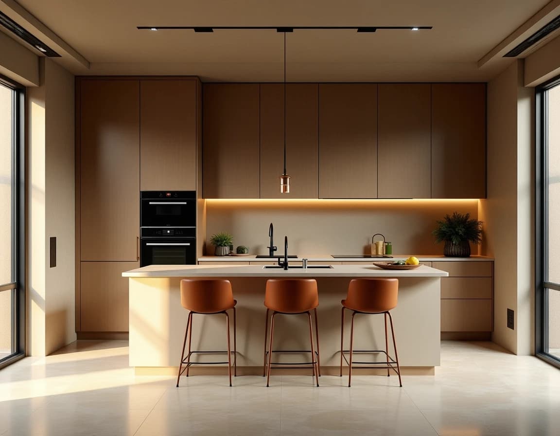 Moderne kjøkken med olivengrønne fronter, travertin-benkeplate og terrakottateglvegg.