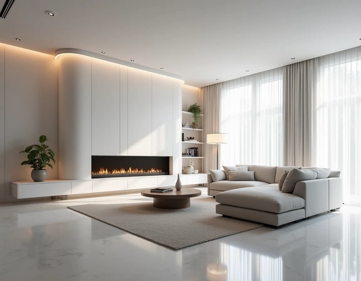 Minimalistisk stue med hvit marmorgulv, gråtoner og ståldetaljer i kjølig dagslys.