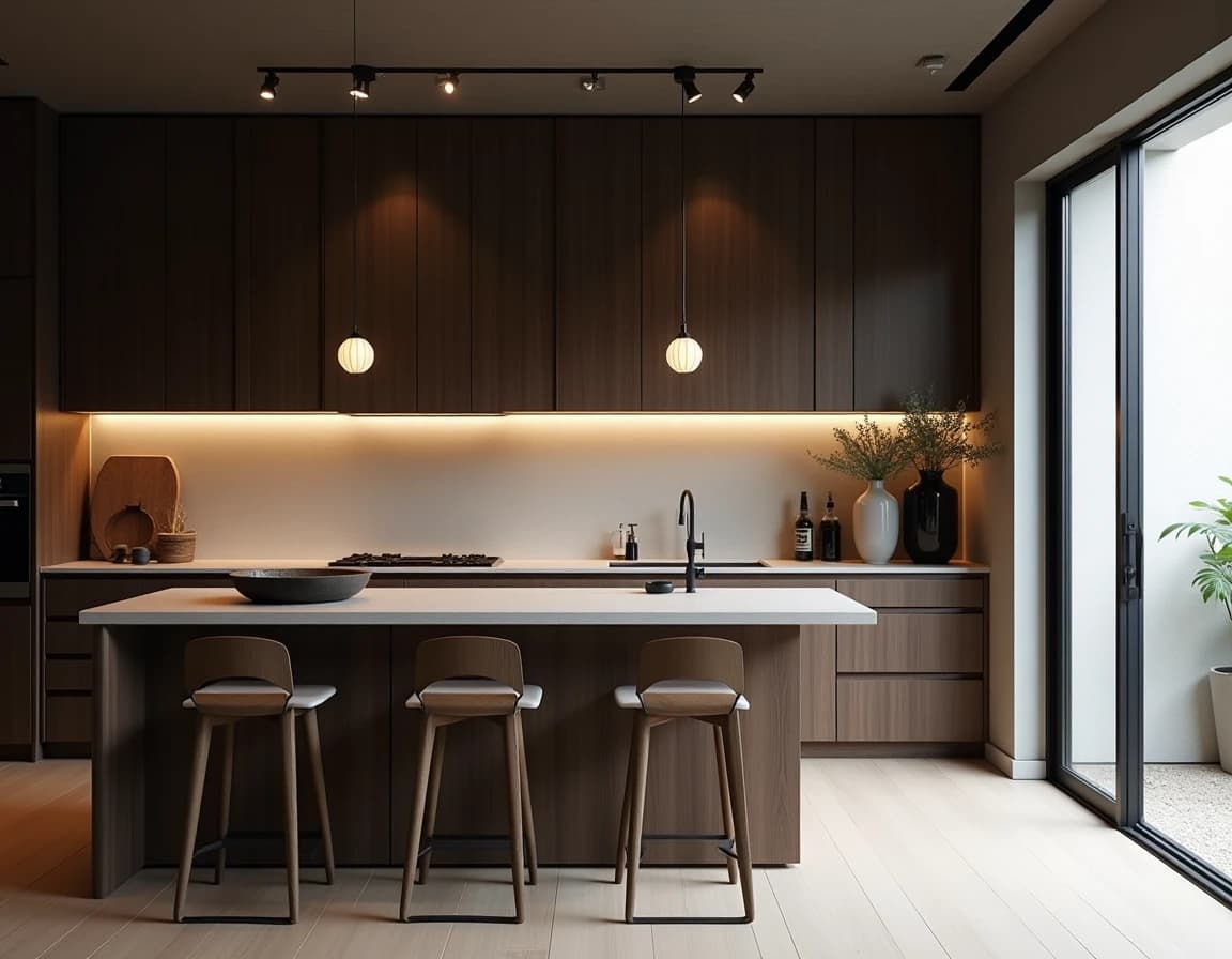 Japandi kjøkken med sort fronter, hvit marmor, eik-underskap og messingarmaturer.