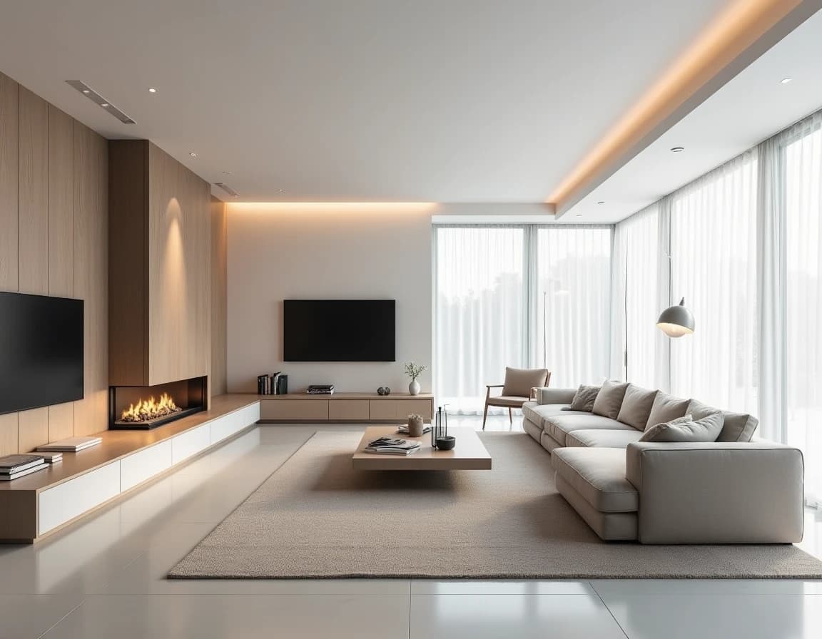 Skandinavisk stue med hvit marmorfloor, gråtoner, stålramme og minimalistisk møblering.