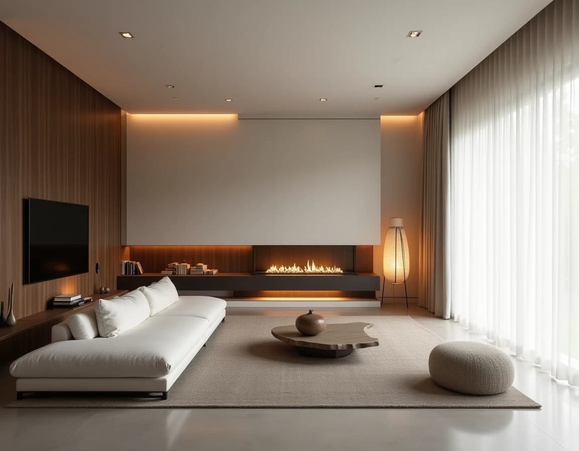 Japandi stue med lav sofa i off-white, lyst tre, uglasert keramikk og kalkmalt vegg.