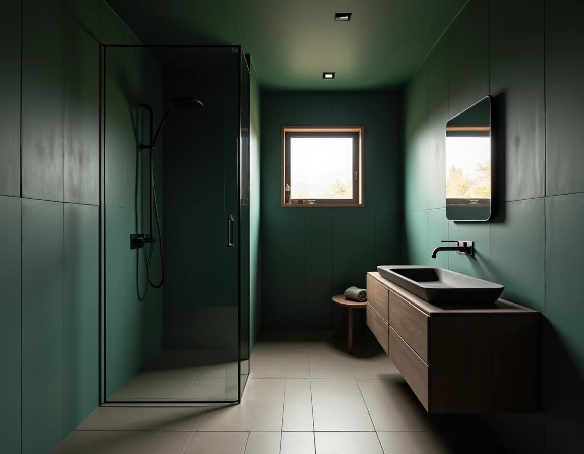 Minimalistisk bad med mørk grønnmalt vegg, sort skiferbenk og messingkran.