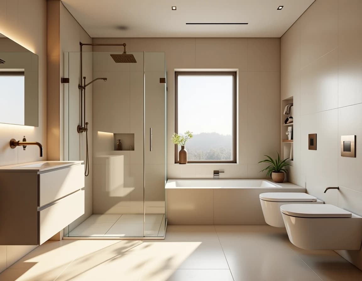 Moderne bad med lys eik-paneler, kremhvite fliser og messingkraner.