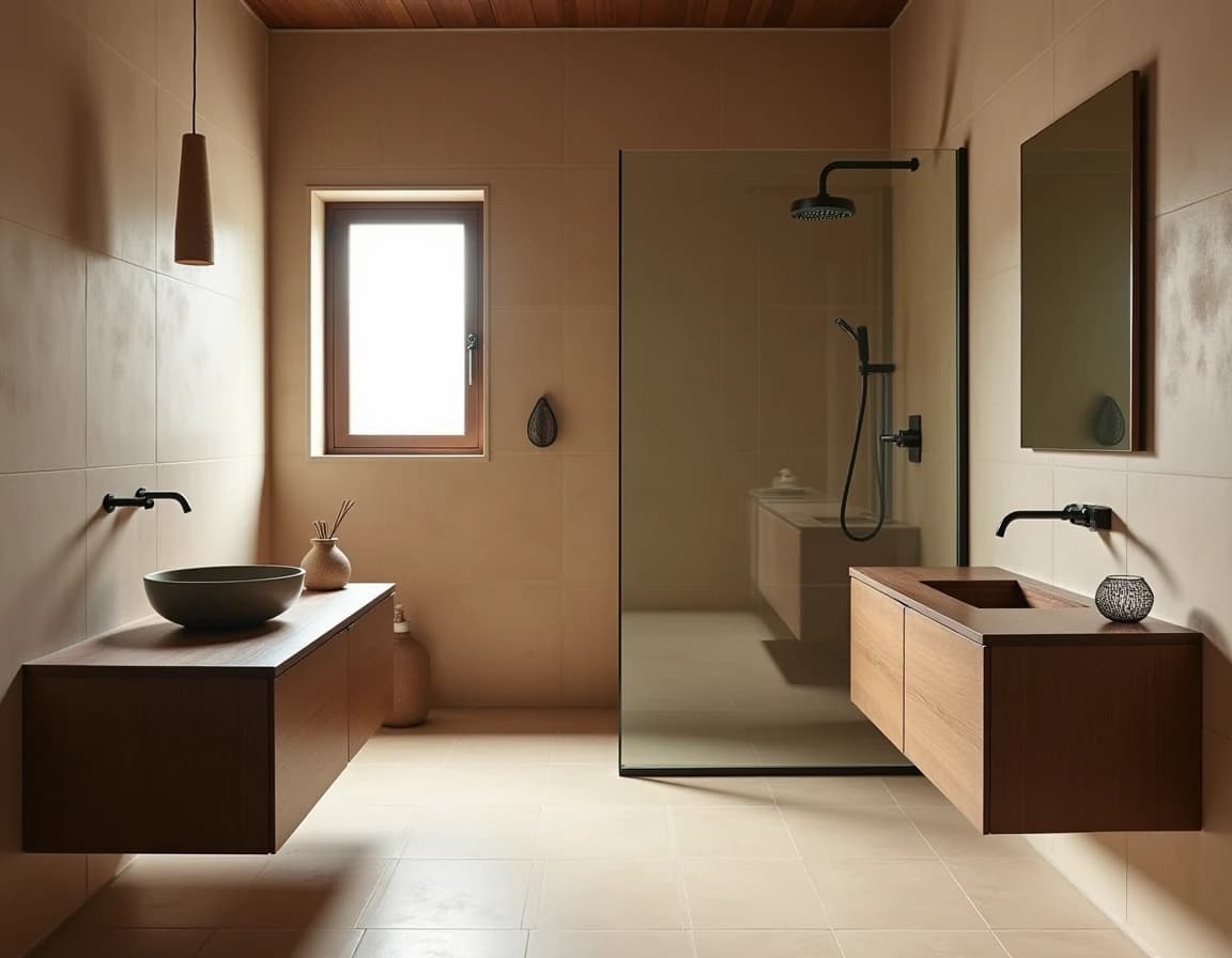 Japandi bad med terrakotta-fliser, travertinbenk og oliven speilrammer.