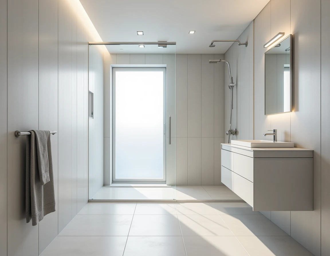 Moderne bad med hvite vegger, teksturerte off-white fliser og innbygget belysning.