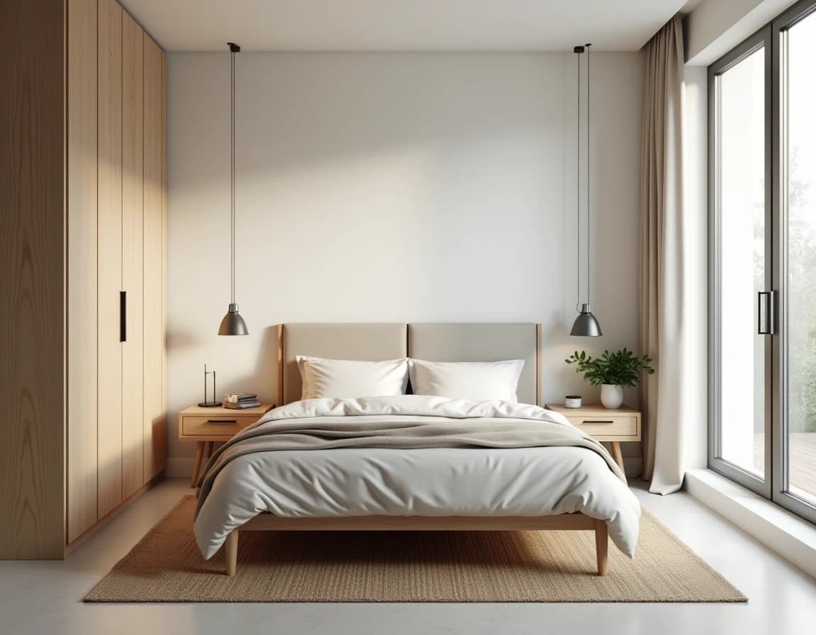 Skandinavisk soverom med rå eik, hvite vegger, lintekstiler og grønne planter.